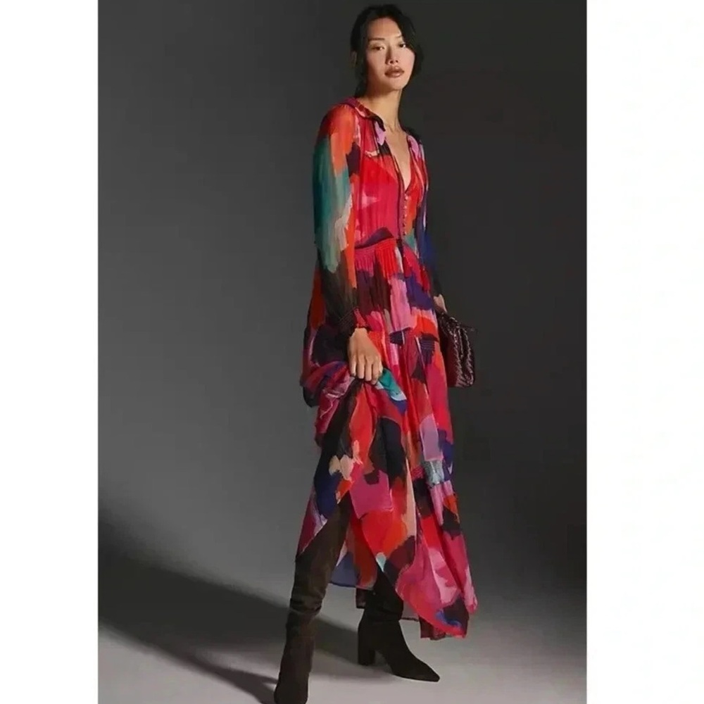 Anthropologie Marais Sheer Long Sleeve Maxi Dress in pink and red + multicolors